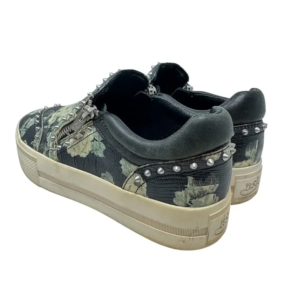 Ash Jasmin‎ Platform Sneakers Leather Floral Studded Black Blue Size 38 US 7.5 8